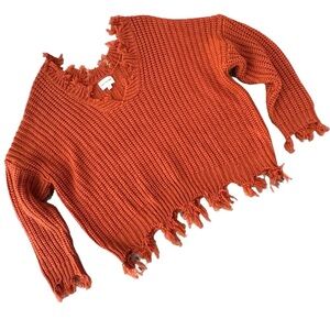 Lala Factory Size S/M Rust Ripped V-Neck Long Sleeve Frayed Pullover Sweater